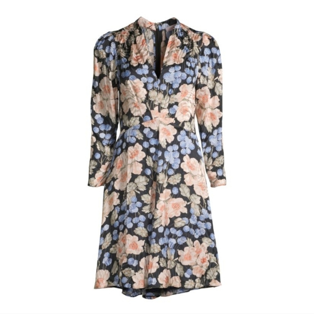 Blush Rose Swirl Jacquard Silk‎ Blend Dress Floral Long Sleeves Fit & Flare Sz 6